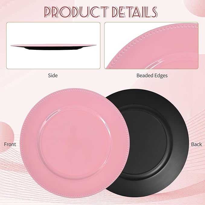 50 Pcs Pink Charger Plates, 13 Inch Round Plastic Chargers for Dinner Plates, Elegant Wedding Plate Charger Bulk, Reusable Chargers Serving Plates for Wedding Party Event Tabletop Decoration