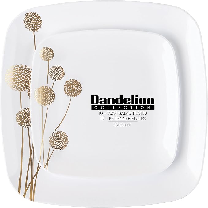 PLASTICPRO Square 64 Piece Combo Plates Set includes 32 x 7'' inch Salad Plates & 32 x 10'' inch Dinner White Plastic with Gold Dandelion Design Party Premium heavyweight