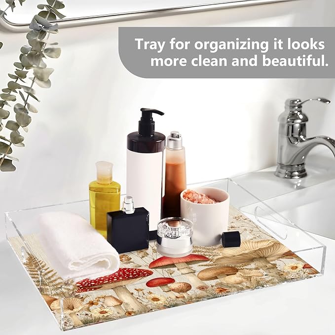 Serving Tray with Handles Clear Acrylic Tray 12x16 Inch Decorative Rectangular Tray Organizer for Ottoman Coffee Table Bathroom Watercolor Forestm Mushroom Beige