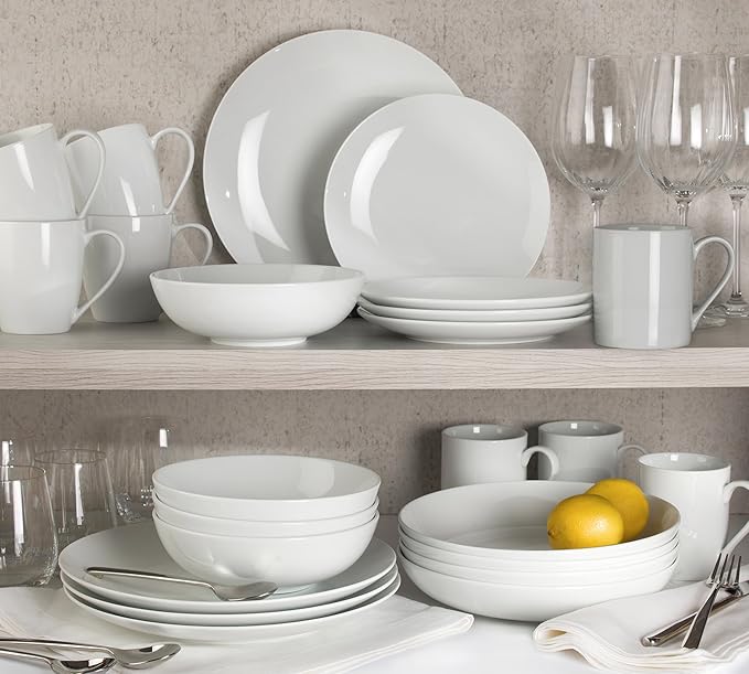 Euro Ceramica Essential Collection Fine Porcelain Classic Coupe 20-Piece Dinnerware and Serveware,4 Pieces 9-Inch Meal Bowl Included, Service for 4, Classic White
