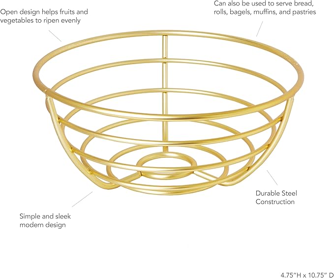 Spectrum Euro Gold Wire Fruit Basket for Kitchen Countertop Storage, Sturdy Steel Metal Wire Decorative Fruit Bowl for Fresh Produce Vegetables Bread & Snacks Modern Open Design for Airflow