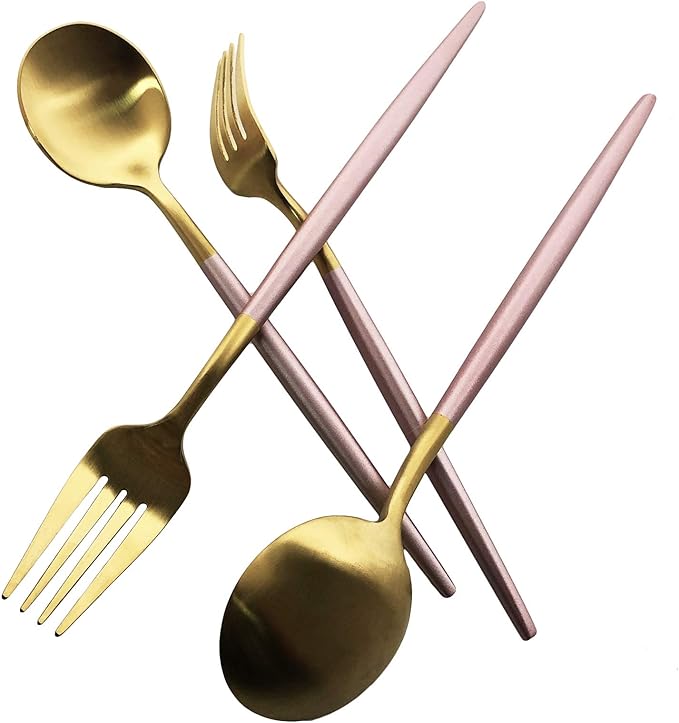 Silverware Set, Hand polished Matte Gold Pink Flatware Cutlery Set Service for 4, Satin Finish 20 Pieces 18/10 Stainless Steel Utensils Set for Home and Restaurant, Dishwasher Safe
