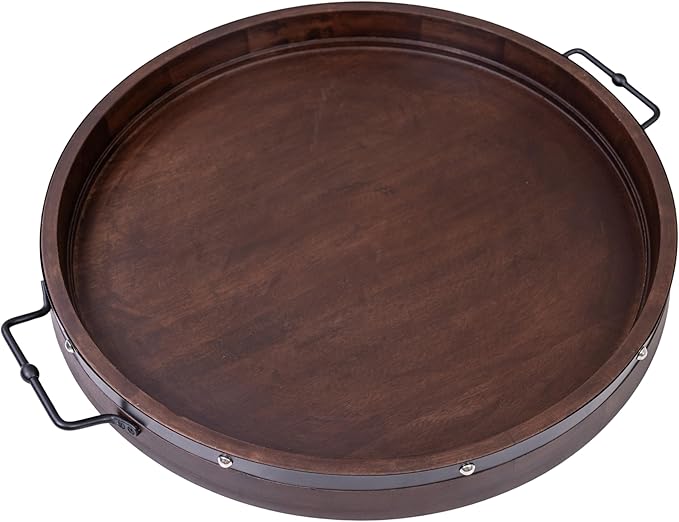 24" Extra Large Round Ottoman Tray, Heavy Duty Mango Wood, for Serving Tea, Breakfast in Bed, Living Room Large Coffee Table Tray Rustic with Farmhouse Style, Decorative Handles and Accent Strap
