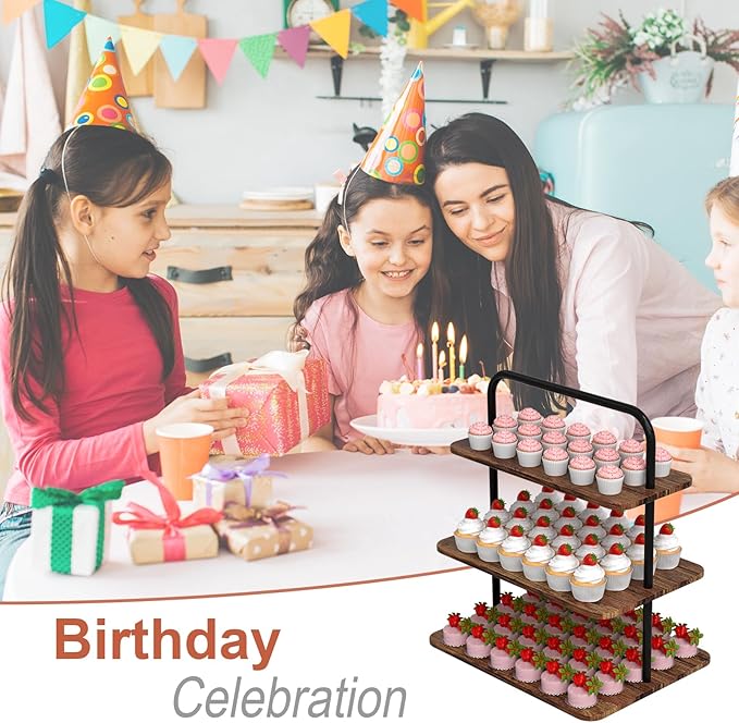 Cupcake Stand, 3-Tier Dessert Stand for 52 Cupcakes, Wood & Metal Tower Display Premium Holder Dessert Tree Tower for Christmas Birthday Weddings Party Decor, Serving Tray, Wood Brown