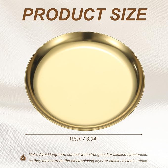 uxcell Round Serving Trays, 3.94" Stainless Steel Decorative Jewelry Dish, Small Vanity Tray for Bathroom Aromatherapy Candle Drink Plate,Gold
