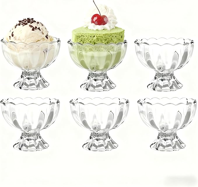 6 Pack 5oz Glass Ice Cream Bowls Set, Thickened Clear Dessert Cups with Heavy Base, Scalloped Pedestal Bowls for Sundaes, Parfaits, Fruits & Snacks, Elegant Reusable Design