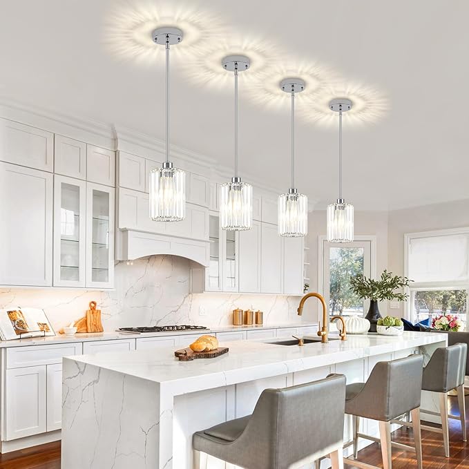 Chrome Pendant Lights, Modern Crystal Pendant Lighting for Kitchen Island, Mini Kitchen Chandeliers Hanging Pendant Lights for Bedroom Dining Room Hallway