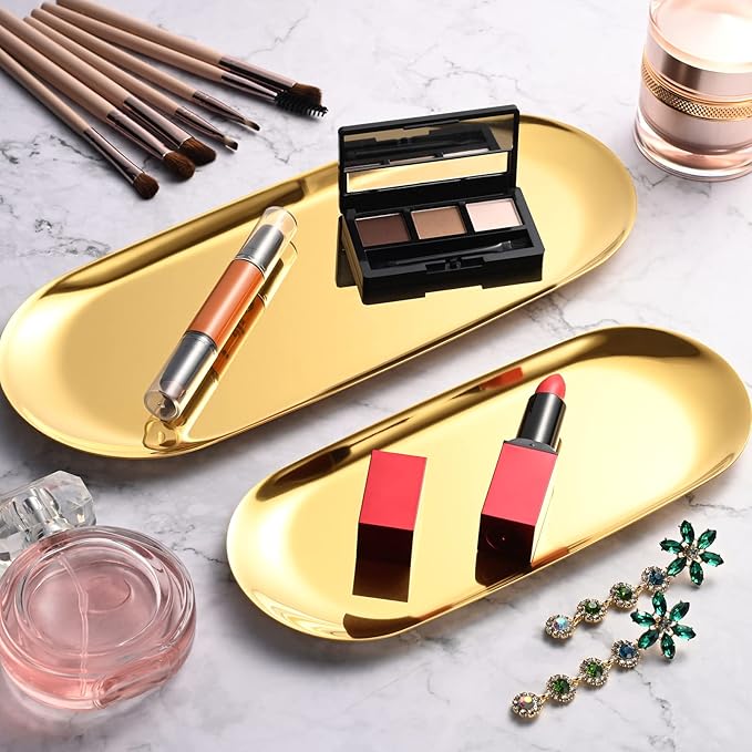 Golden Oval Stainless Steel Tray (30cm x 12cm) – Mini Coffee Table Tray for Jewelry, Cosmetic & Candle | Full Mirror-Polished Surface with Vacuum Coating – No Fading, No Discoloration
