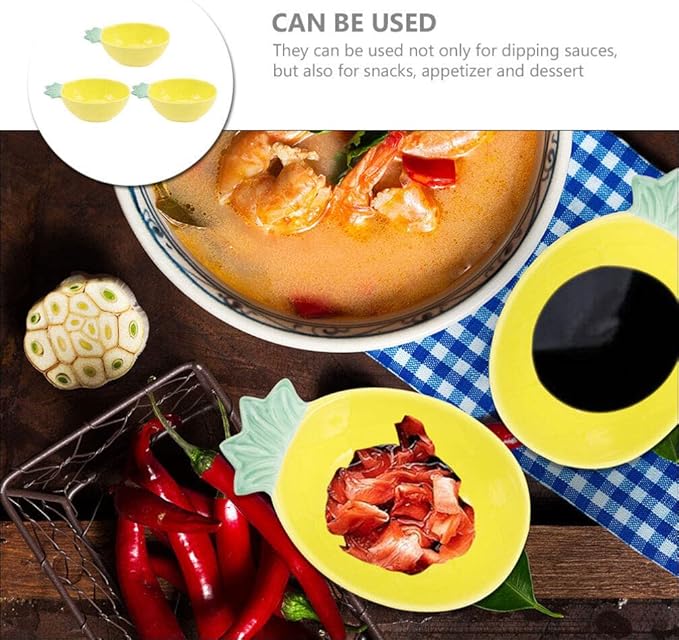 Kichvoe 3pcs Pineapple Plates Ceramic Soy Sauce Dishes Decorative Dessert Bowls Appetizer Plates for Hawaiian Tropical Luau Party Decors Yellow