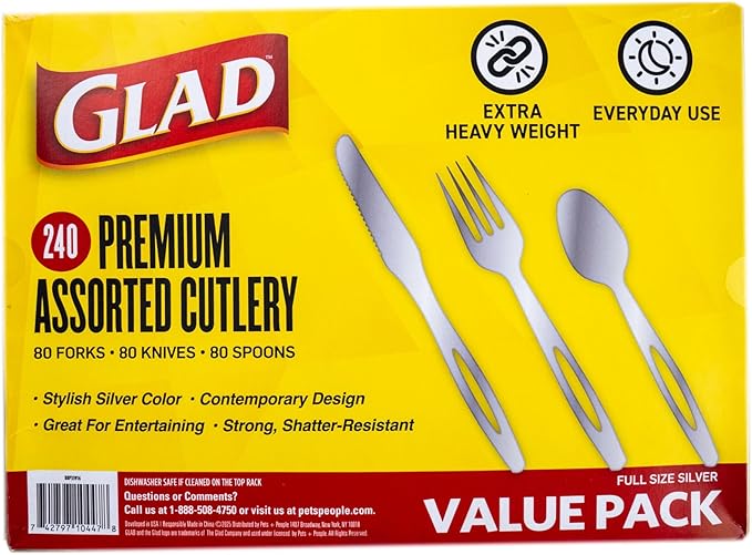 Glad Plastic Heavy Duty Silver Cutlery - Mixed Forks, Knives, and Spoons - Set of Sturdy, Durable Disposable Party Utensils, 240 Count