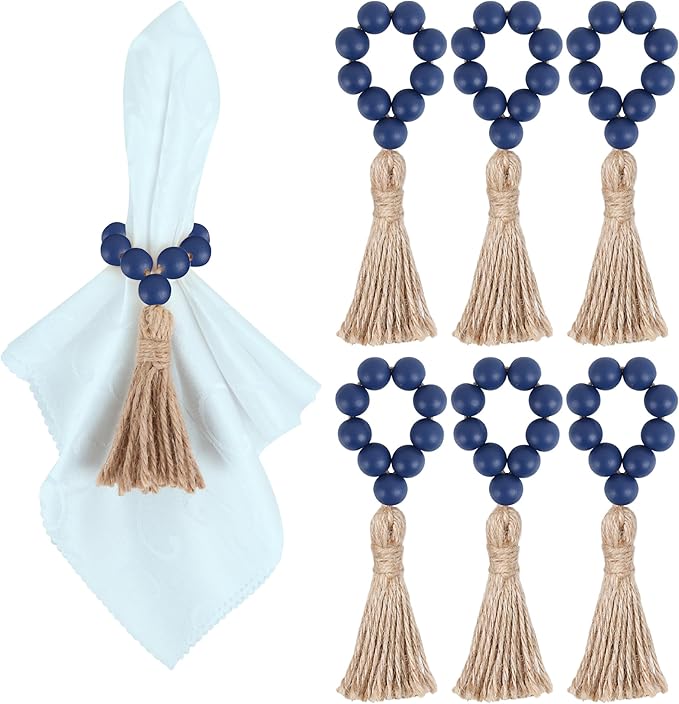Meplait 6 Pieces Wooden Bead Napkin Rings, Farmhouse Stretchable Napkin Rings with Tassel for Dining Table,Wedding Decoration (Navy Blue)