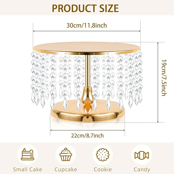 2 Pcs Gold Metal Mirror Cake Stand Set with Crystal Pendants - 11.8"W Elegant Dessert Table Display for Weddings, Birthday Parties, Baby Showers, Events - Sturdy Crystal Bling Cupcake Stands for Pastries, Sweets, Decorations
