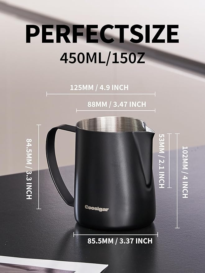 Milk Frothing Pitcher 450ml/15oz,304 Stainless steel Espresso Steaming Pitcher,milk frother cup,Milk Jug Cup,Latte Art(black)