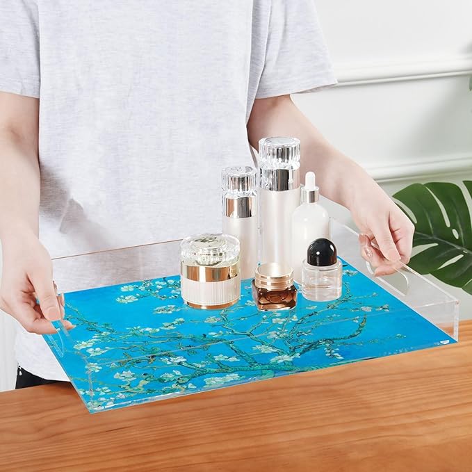Serving Tray with Handles Clear Acrylic Tray 12x16 Inch Decorative Rectangular Tray Organizer for Ottoman Coffee Table Bathroom Van Gogh Almond Blossoms Blue