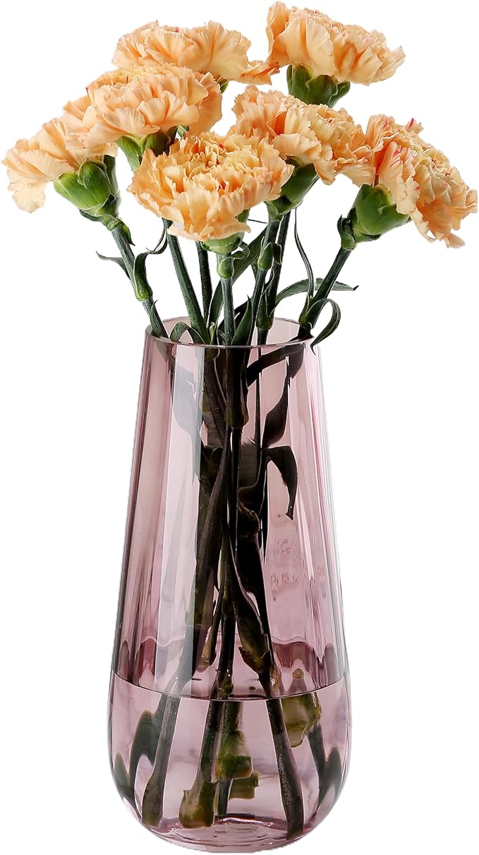 Modern Large Glass Vase H-9.8" Pink Vases for Flowers, Centerpieces and Decorative Accents - Tall Plant Vase for Office Home Table Decor