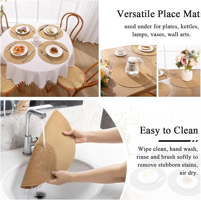 SHACOS Round Placemats Set of 8 Washable 15 inch Round Placemat Cotton Polyester Woven Braided Table Place Mats for Dining Table Decor, Camel