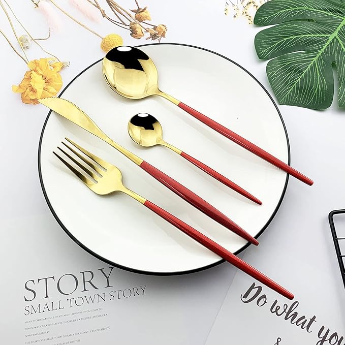 JASHII 24 Piece Titanium Stainless Steel Flatware Set, Red Handle Gold Mouth Utensils, Shiny Gold Cutlery Set for 6