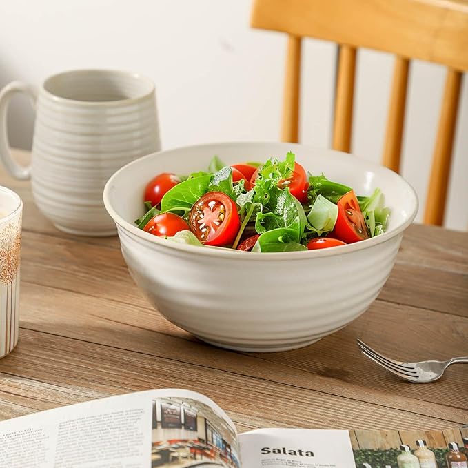 Ceramic Serving Bowls Set of 2, 65 Ounce Large Kitchen Deep Bowls for Salad Soup Ramen Pasta Cereal Fruit, Durable Microwave & Dishwasher Safe, Ideal for Home Dining & Gifting, White