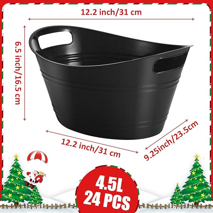 Norme 24 Pcs Oval Storage Tub with Handles 4.5L Plastic Ice Bucket, Wine, Beer, Champagne Drink Cooler for Parties, Beverage Storage Basket(Black)