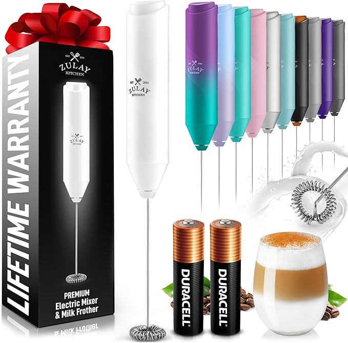 Zulay Kitchen Powerful Milk Frother Handheld with 2 Duracell AA Batteries – Ultra Fast Frother Wand Electric Drink Mixer for Coffee, Lattes, Cappuccinos, Matcha & Hot Chocolate – Portable Foam Maker
