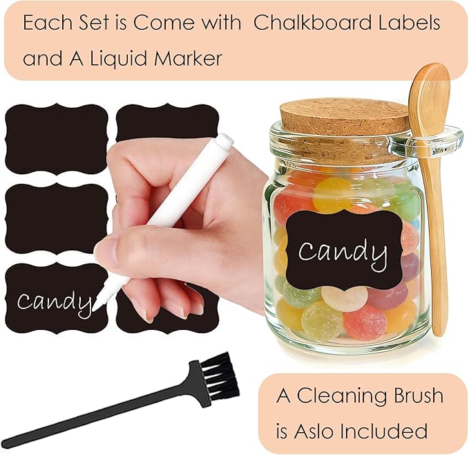 Ahhute Glass Sugar Scrubs Jars, Bath Salt Container, Snacks Spice Jars w/Bamboo Spoons, Honey Scrubs Body Butter Jar w/Corks, Labels and Cleaning Brush, Wedding Party Favors Gifts, 8oz 24 Pack