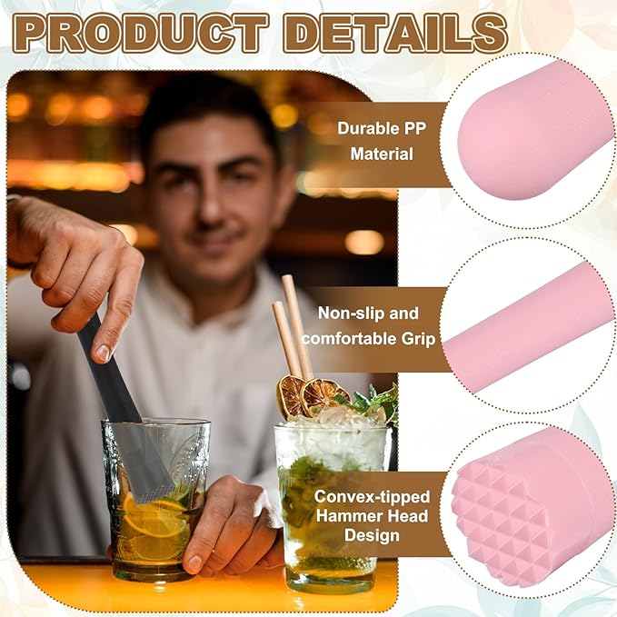 uxcell 8 Pcs Cocktail Muddler, 10 Inch PP Drink Muddler Bar Accessories Tools Ice Crusher for Home Party Cocktail Fruit Drinks, Pink (Thick)