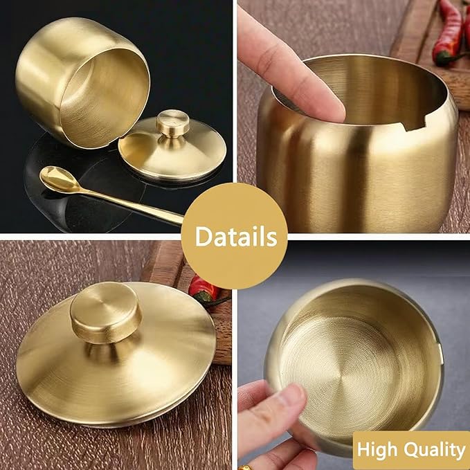 15oz Sugar Bowl with Lid And Spoon, Stainless Steel Sugar Creamer Container, Round Sugar Jar, Durable Sugar Pot for Coffee Bar Accessories, Coffee Bar Decor, Home and Kitchen Storage, Gold