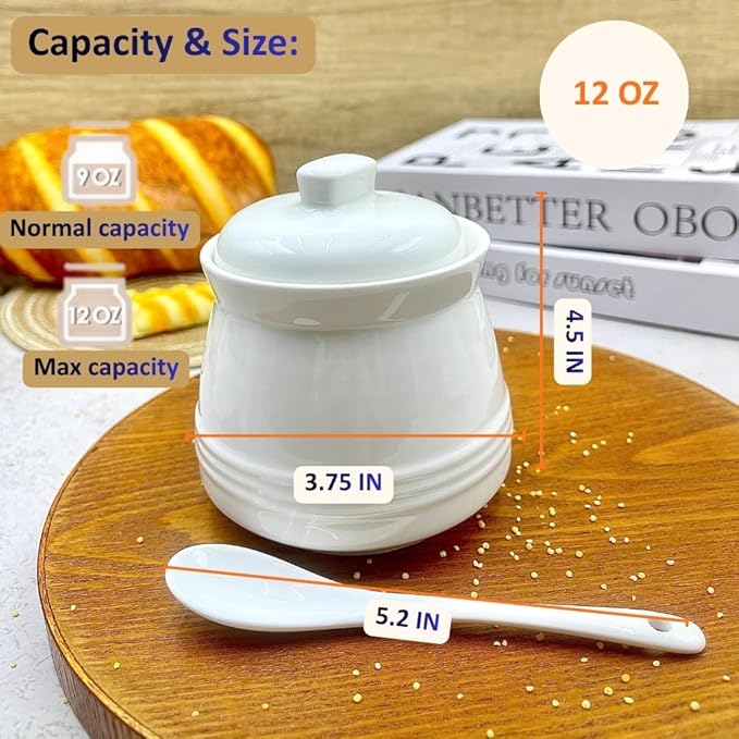 Ceramic Sugar Bowl with Lid and Spoon, 12 oz Porcelain Sugar Jar Sugar Dispenser，Sugar Salt Container for Home and Kitchen Countertop Canisters, White