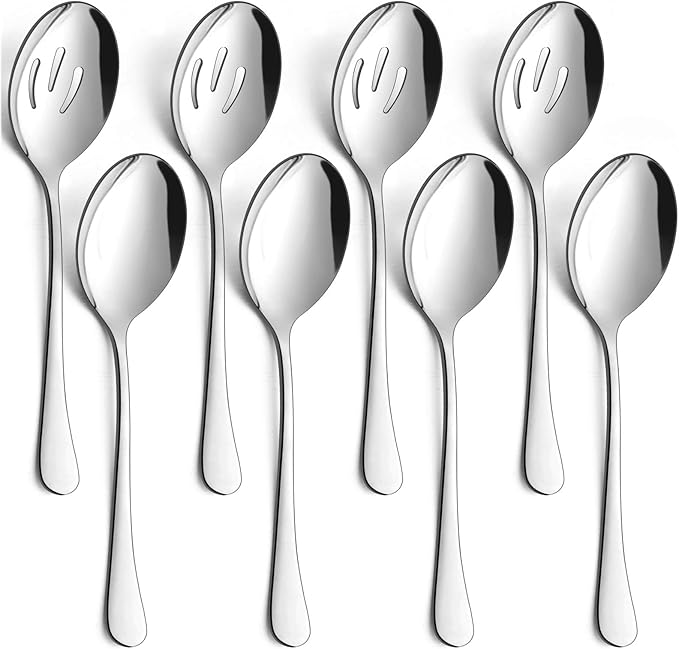 LIANYU 8 Pack Large Slotted Stainless Steel Serving Utensils - 9.8 Inch Spoon Set for Banquet Catering Buffet Dinner Restaurant Party