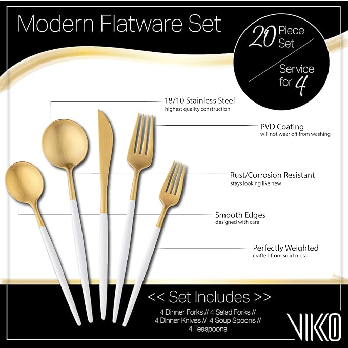 Vikko Decor Modern Flatware Set: Matte White and Gold Silverware Set, 18/10 Stainless Steel, Fancy Long Handled Cutlery, Two Toned Silverware for Upscale Dining, 20 Pc Set, Service for Four(4)