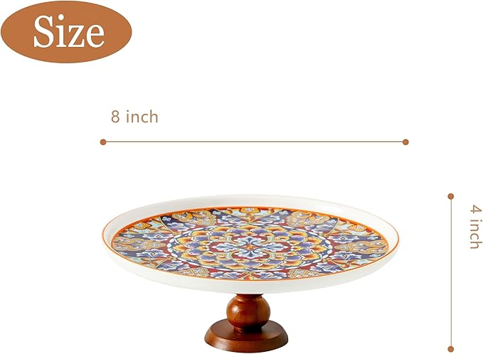 Ceramic Cake Stand with Elegant Wood Curved Footed, 8” Versatile Dessert Stand, 2-in-1 Dessert Table Display Set & Charcuterie Board for Birthday/Kitchen/Party/Charcuterie,Orange