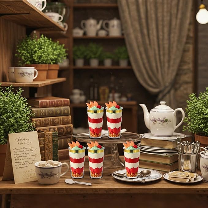 200 Pcs Christmas Dessert Cups with Spoons Small Plastic Goblets Disposable Parfait Pudding, Mousse, Appetizer Cups Set for Fall Thanksgiving Wedding Party(Gold Rim,3 oz,Round)
