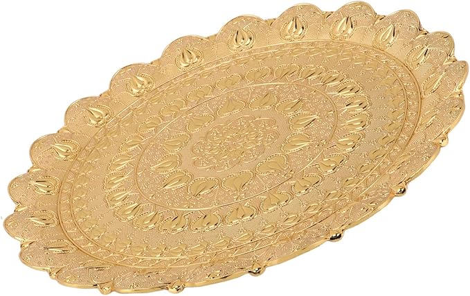 Turkish Tea Coffee Serving Tray, Vintage Style Round Metal Tray with Embossed Pattern, 13.8 Inch Decorative Coffee Plate for Bar Outdoor Dessert Gift (Gold)