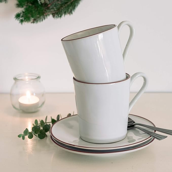 Costa Nova Ceramic Stoneware 12 oz. Mug - Beja Collection, White & Red | Microwave & Dishwasher Safe Dinnerware | Food Safe Glazing | Restaurant Quality Drinkware