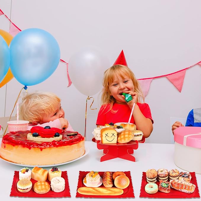 Zopeal 7 Pcs Dessert Table Display Set 3-Tier Cupcake Stand 1-Tier Cup Cake Display Tower Platters and Serving Trays Cardboard Cake Cookie Holders for Wedding Birthday Party Baby Shower(Red)