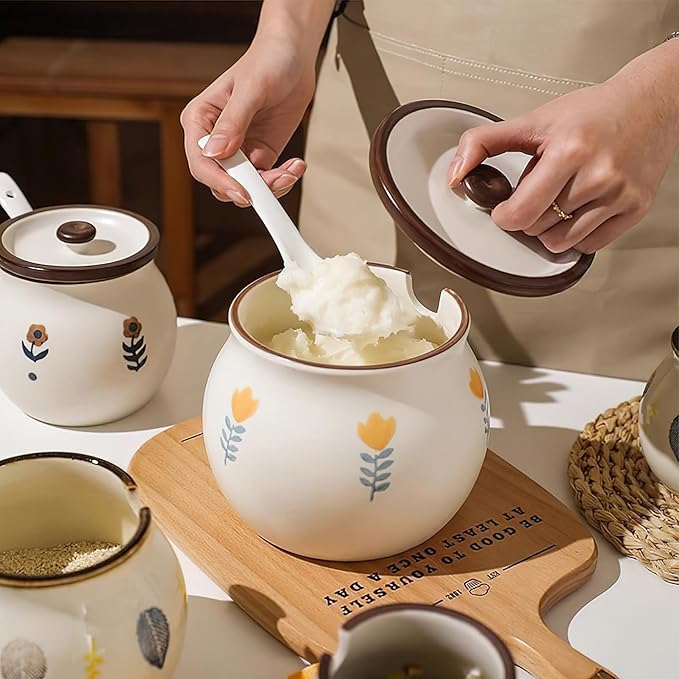 Ceramic Salt and Sugar Bowl, Porcelain Condiment Jars with Lid and Spoon, Seasoning Spice Pot Bowl, Salt Sugar Pepper Storage Jar, 400ml, Yellow Flower