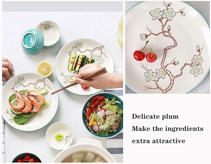 Ceramic 28-Piece kitchenware Set Household Ceramic Dinner Plate Sets Creative Plum Pattern Tableware Dinnerware Sets, Service for 6 Ceramic Dinner Pla