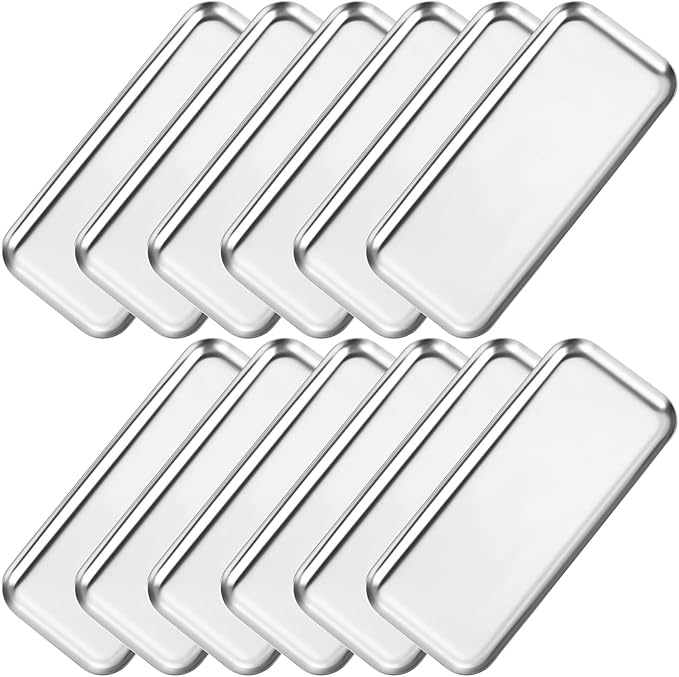 Vesici 12 Pcs 7.87 x 3.35 inches Small Silver Tray Bulk, Stainless Steel Rectangle Serving Trays Trinket Decorative Bathroom Tray for Vanity Jewelry Makeup Towel, Dish Plate Tea Fruit Storage Platter