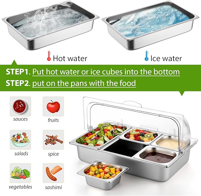Countertop Food Serving Display Container and Clear Roll Top Cover Stainless Steel Food Serving Tray Buffet Condiment Dispenser Display Rack for Restaurant Hotel Kitchen Party (21 x 13 x 11)
