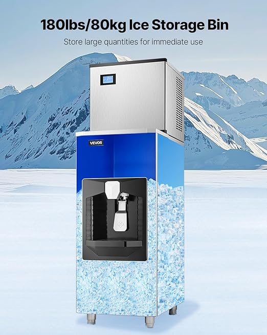 VEVOR Ice Dispenser, Ice Storage Bin with 180 Lbs Storage Capacity, 20 Lbs/Min Automatic Ice Dispensing with Crusher, Height Adjustable Feet, for Commercial Ice Maker Machine, Restaurant and Hotel
