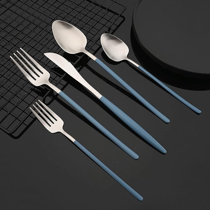 JASHII Matte Blue and Silver Silverware Set, 304 Stainless Steel Flatware Set Service for 4, Tableware Cutlery Set for Home Restaurant Party, Dinner Forks/Spoons/Knives, Slim Handle, Dishwasher Safe