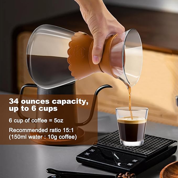 34oz Pour Over Coffee Maker with Double Layer Stainless Steel Filter, Borosilicate Glass Dripper, Detachable Heat-Resistant Leather Pad 7-8 Cups Coffee Maker Carafe（Light brown）