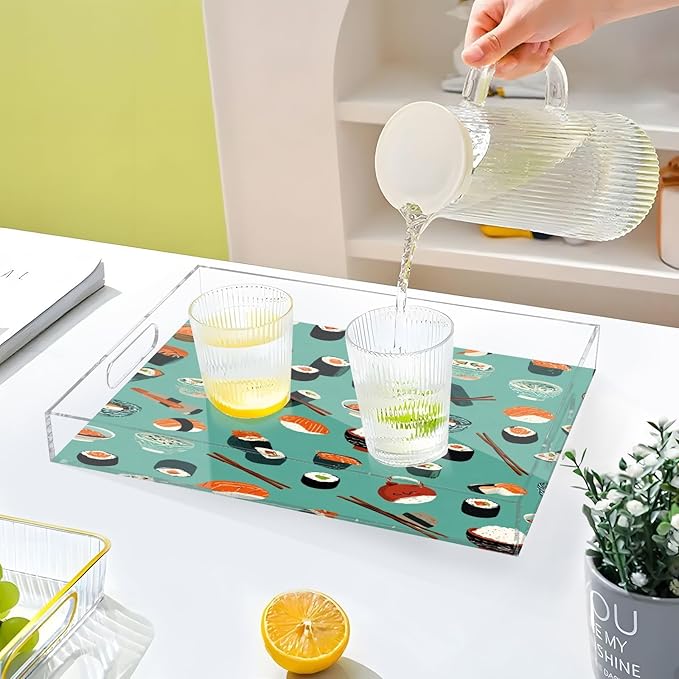 Serving Tray with Handles Clear Acrylic Tray 12x16 Inch Decorative Rectangular Tray Organizer for Ottoman Coffee Table Bathroom Teal Sushi