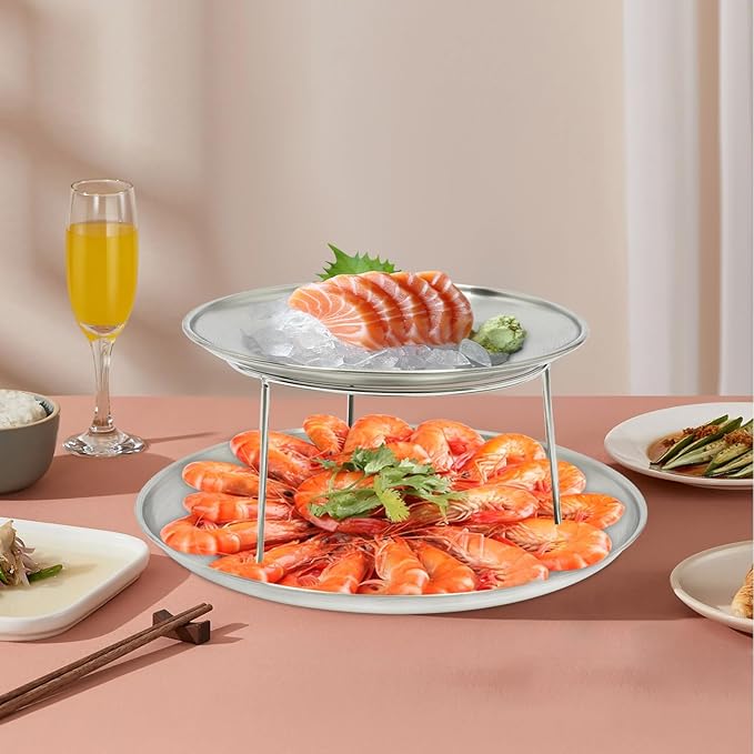 2-Tier Seafood Platter, Seafood Tower Set with 10" Round Trays and 8" Oyster Section for Kitchens, Restaurants, Banquets, Buffets