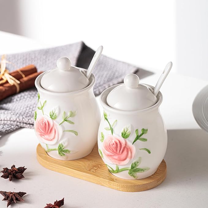 Hand Drawn Relief ceramics Ceramic Sugar Bowl 2 Pack, PorcelainJar with Tray, Spoon and Lid for Sugar, Pepper, Coffee, Spice, Salt, 8 Ounces (Hand Drawn Relief)