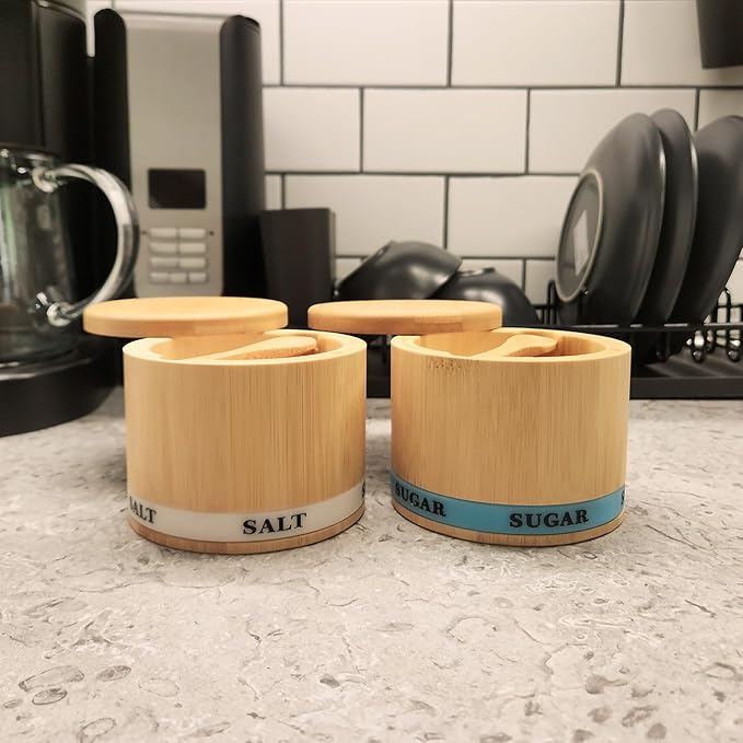 Salt Box 2Pcs Spice Cellar with Swivel Lid and Spoons Small Bamboo Sugar and Salt Containers with Salt Sugar Labels,Dual 8 oz Capacity Holder for Seasoning and Small Items