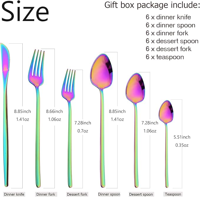 36-piece Rainbow 18/10 Stainless Steel Flatware Set, Resuable Cutlery Set For 6, Complete Tableware Set For Home Restaurant Wedding Party Daily Meal, Mirror Polish