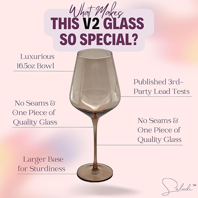 Saludi Original Smokey Sand Wine Glasses, 16.5oz (Set of 6) Stemmed Single Color Smoky Amber Brown Neutral Glass - Great for All Wine Types and Occasions or Gifts - Luxury, Durable, Hand-Blown