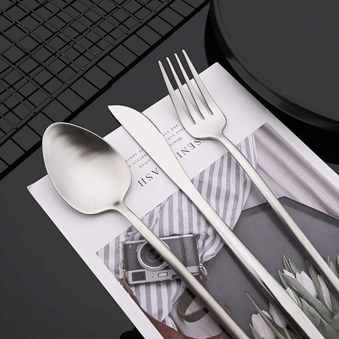 JASHII Modern Silverware Set - 20 Pieces Cutlery Set Matte Silver - Brushed 304 Stainless Steel Flatware Set - Narrow and Long Handle - for Home Dinner and Restaurant