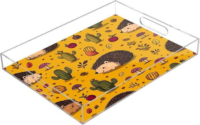 Serving Tray with Handles Clear Acrylic Tray 12x16 Inch Decorative Rectangular Tray Organizer for Ottoman Coffee Table Bathroom Hedgehogs Cactus Orange